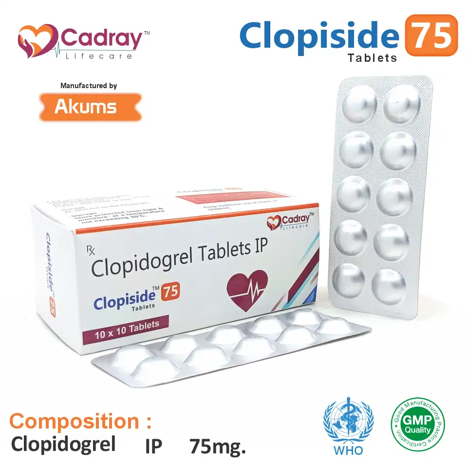 Clopiside 75 Tablet with Clopidogrel 75mg helps prevent heart attacks & strokes. WHO GMP certified, available for PCD pharma franchise at the best price.